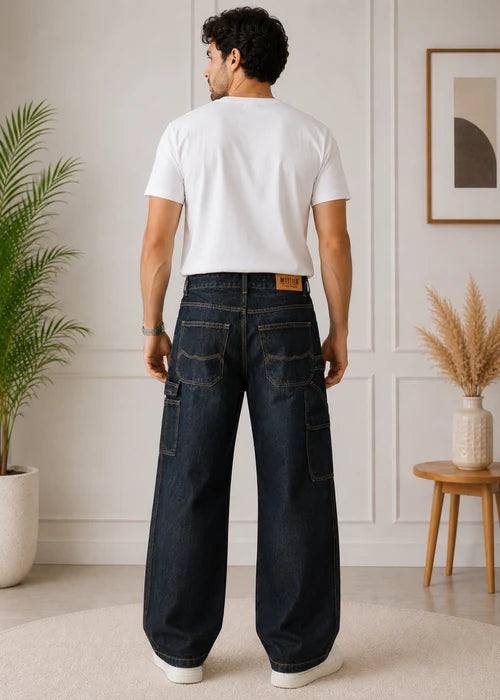 Dark Wash Wide-Leg Cargo Denim Jeans