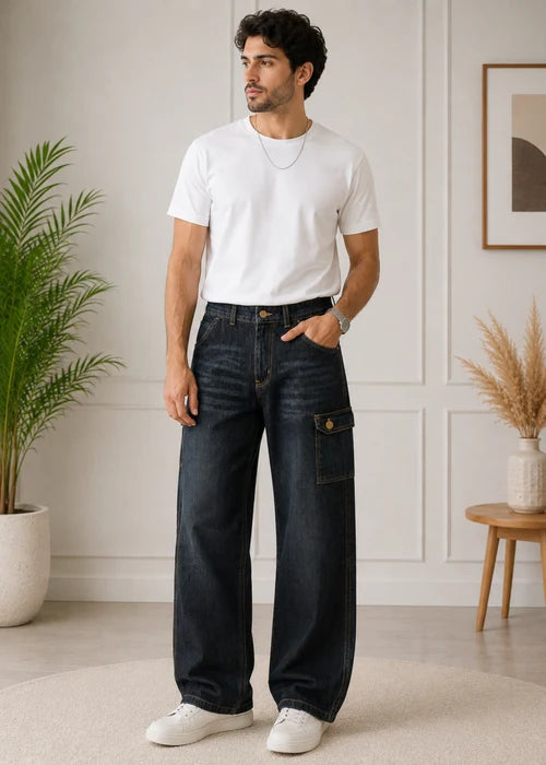 Dark Wash Wide-Leg Cargo Denim Jeans