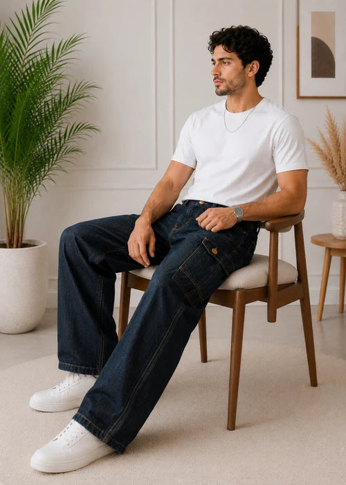 Dark Wash Wide-Leg Cargo Denim Jeans