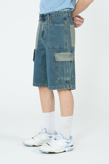 Two-Tone Denim Cargo Shorts